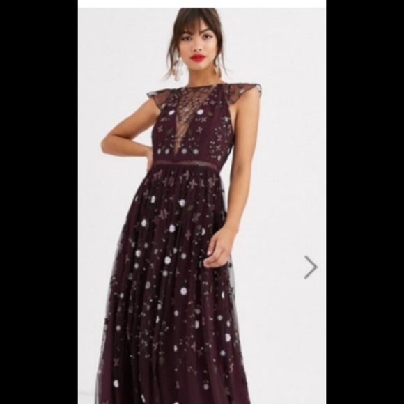 asos design pretty embroidered floral and sequin mesh maxi dress